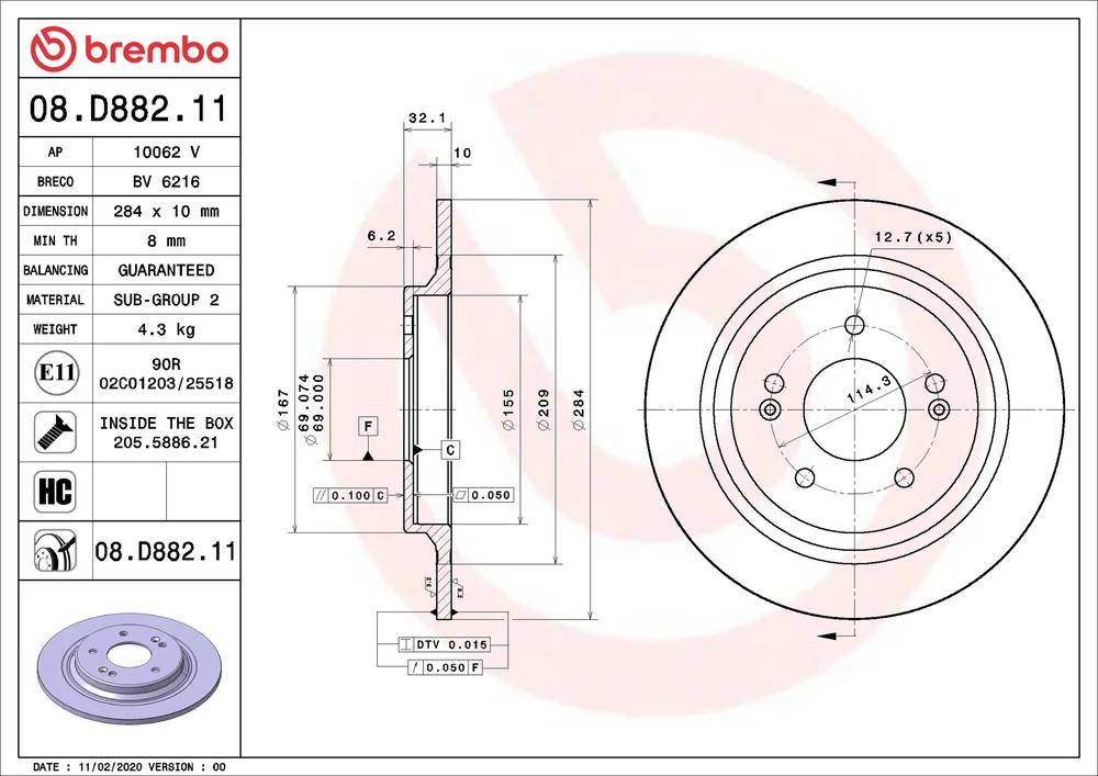 Brzdový kotouč BREMBO 08.D882.11 – OE 58411J9500