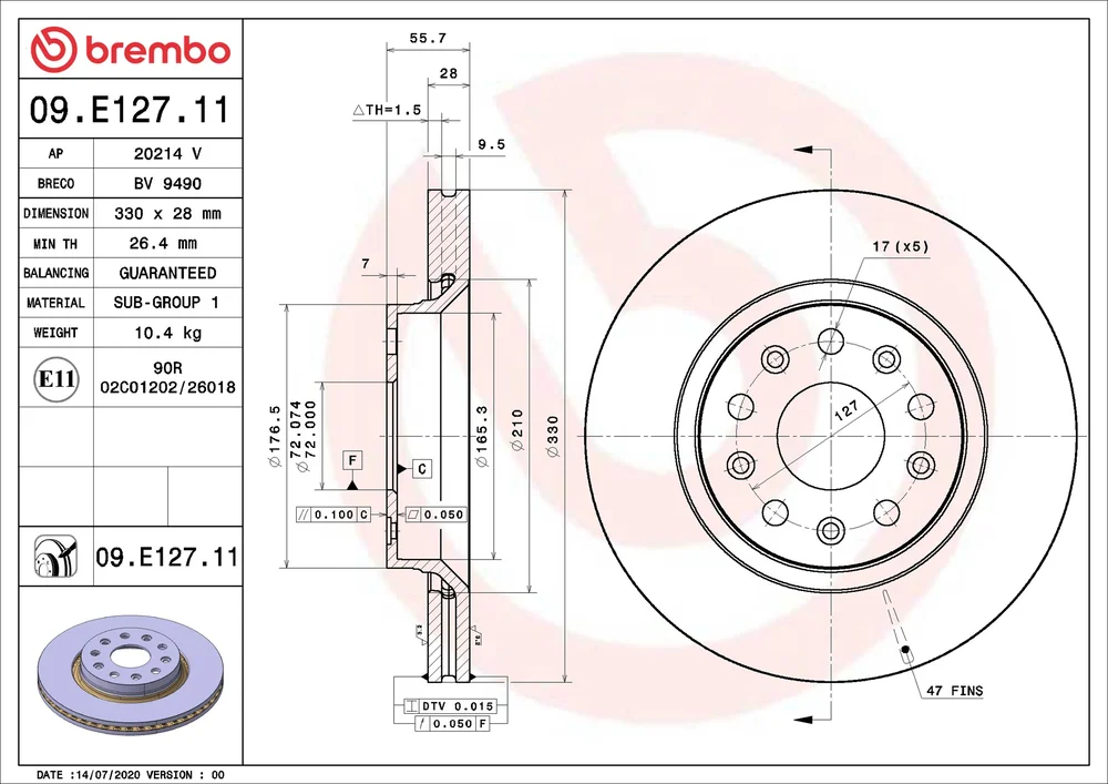 Brzdový kotouč BREMBO 09.E127.11